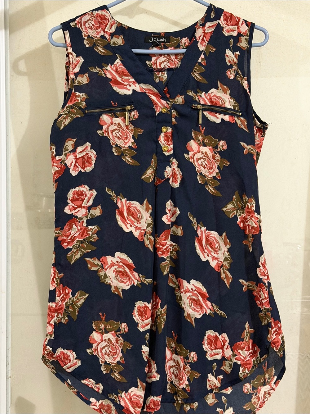 J for Justify Navy Sleeveless Floral Zip-Pocket Crop Top